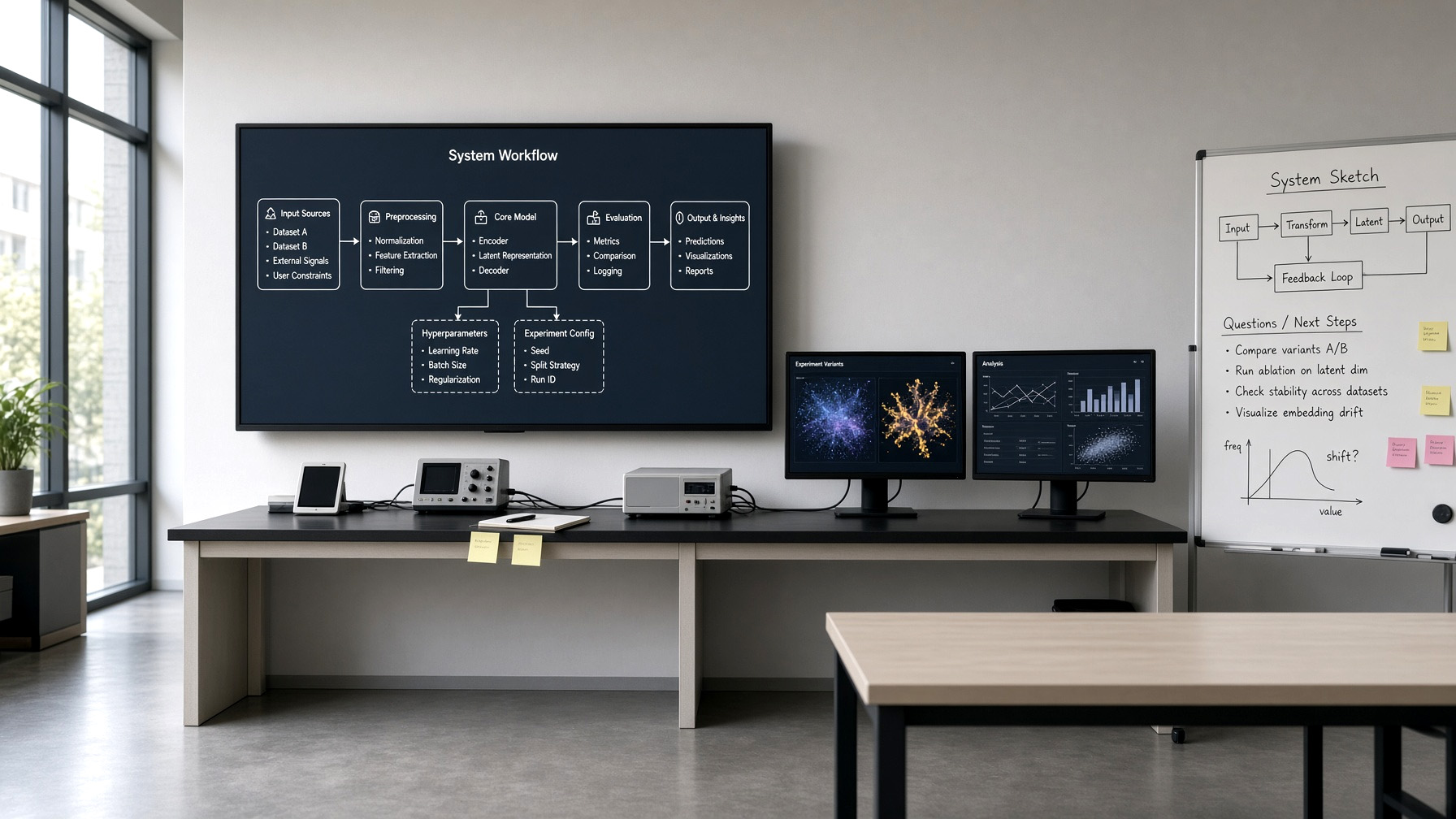 AI lab with workflow visualization, analytics monitors and a whiteboard for experiments