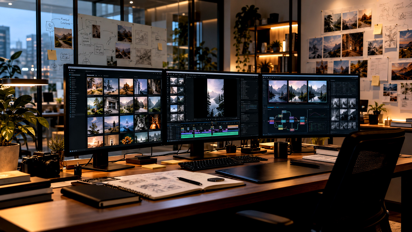 AI-Lab-Arbeitsplatz mit mehreren Monitoren für Bildvarianten, Video-Timeline, Analyse und Workflow-Orchestrierung