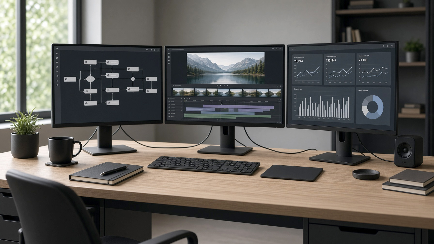 Workspace with workflow diagram, video timeline and analytics dashboards for AI production