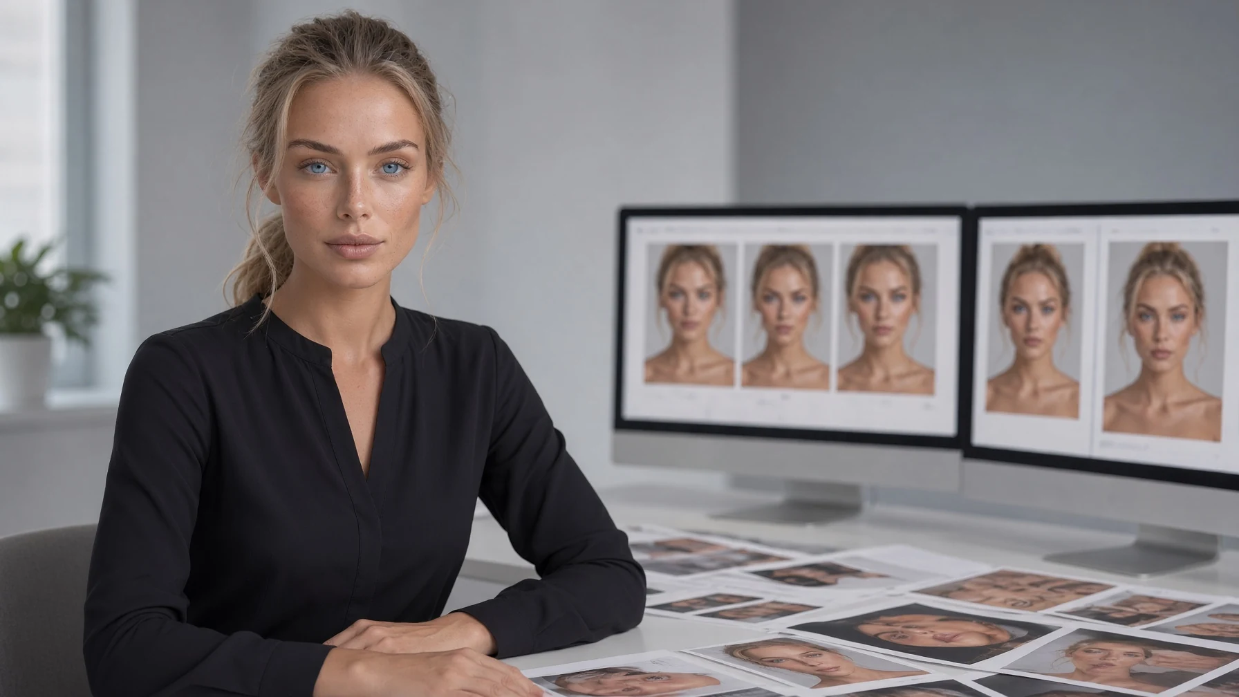 Elena in einem Visual-AI-Entwicklungsstudio mit mehreren Identitätsvarianten