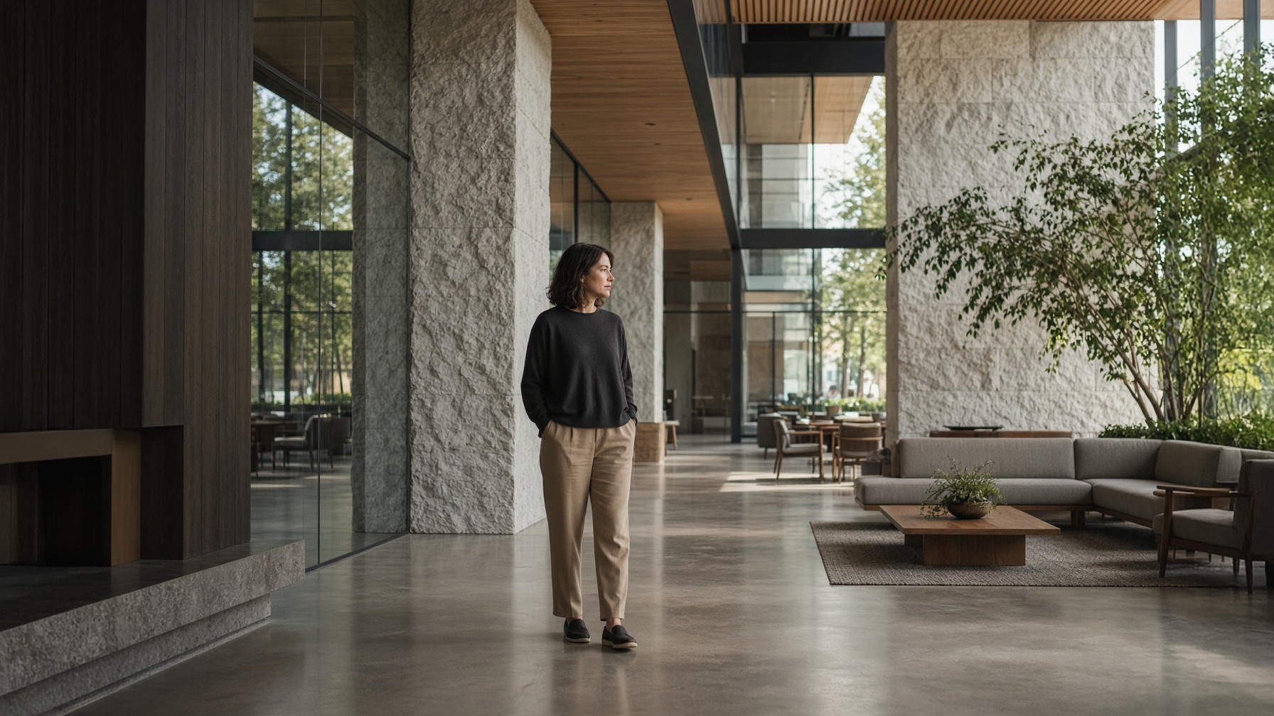 Photorealistic synthetic person in a credible modern interior